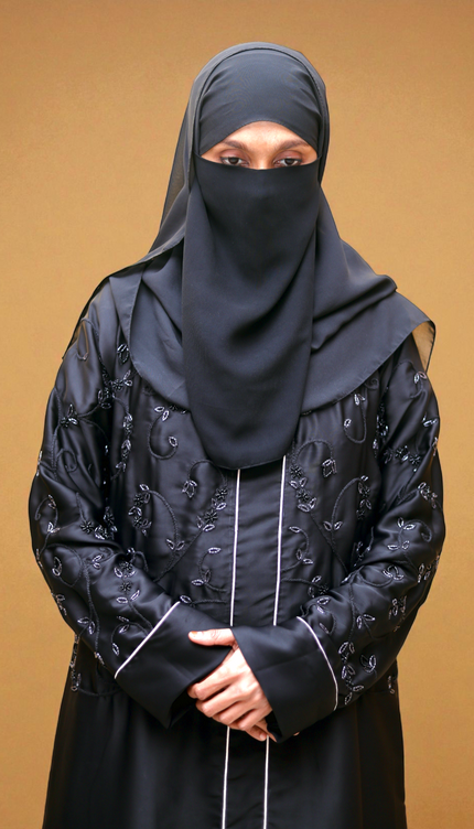 Embroidered Black Beaded Front‑Closed Abaya | Premium Korean Nida