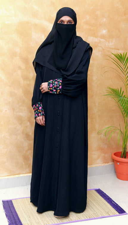 Elegant A-Line Modest Dress in Net & Nida with Silk Blossom Embroidery