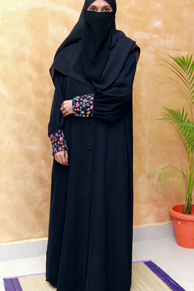 Elegant A-Line Modest Dress in Net & Nida with Silk Blossom Embroidery