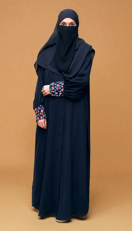 Elegant A-Line Modest Dress in Net & Nida with Silk Blossom Embroidery