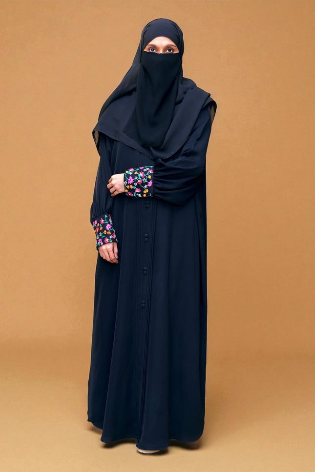 Elegant A-Line Modest Dress in Net & Nida with Silk Blossom Embroidery