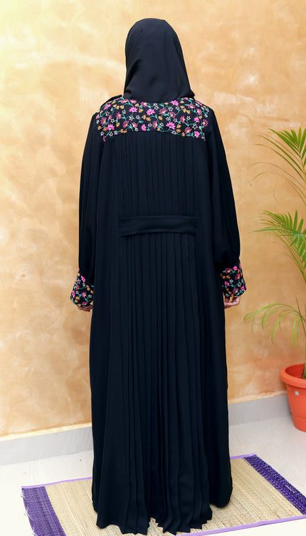 Elegant A-Line Modest Dress in Net & Nida with Silk Blossom Embroidery