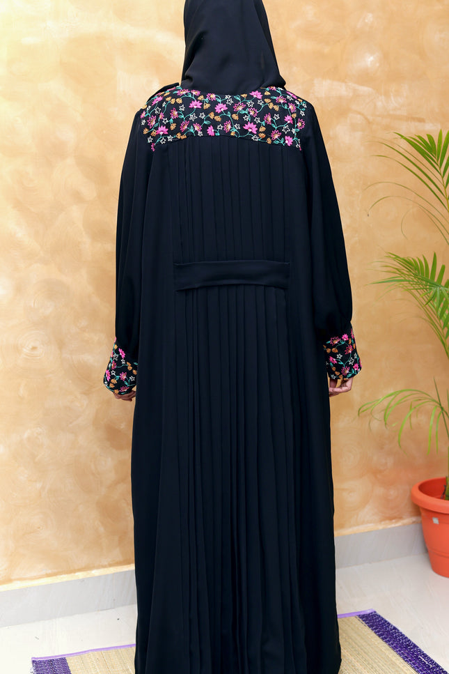 Elegant A-Line Modest Dress in Net & Nida with Silk Blossom Embroidery