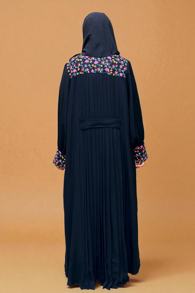 Elegant A-Line Modest Dress in Net & Nida with Silk Blossom Embroidery