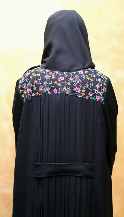 Elegant A-Line Modest Dress in Net & Nida with Silk Blossom Embroidery