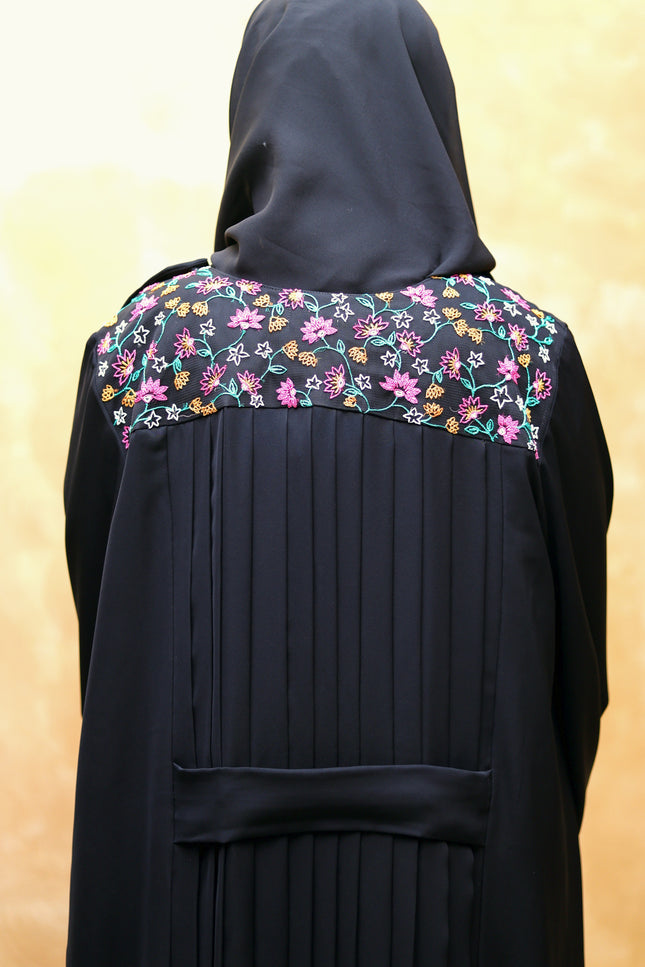 Elegant A-Line Modest Dress in Net & Nida with Silk Blossom Embroidery
