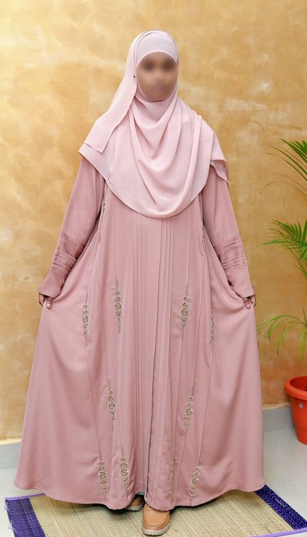 Blush Pink Pleated Abaya With Gold Embroidery - Elegant & Modest
