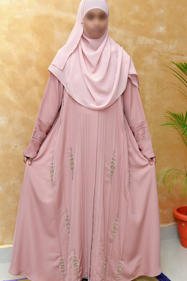 Blush Pink Pleated Abaya With Gold Embroidery - Elegant & Modest