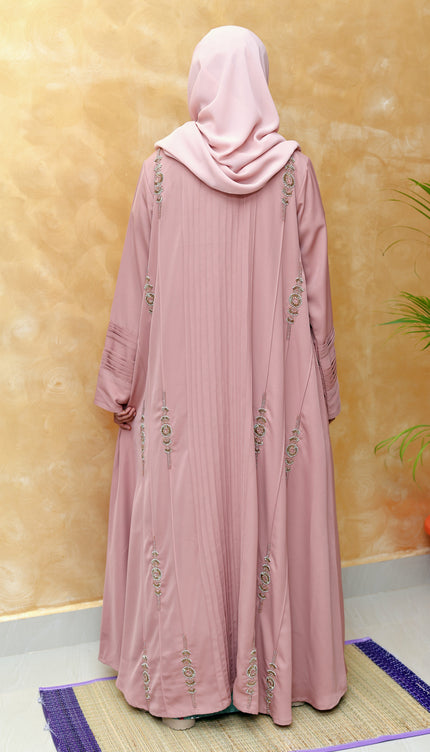 Blush Pink Pleated Abaya With Gold Embroidery - Elegant & Modest