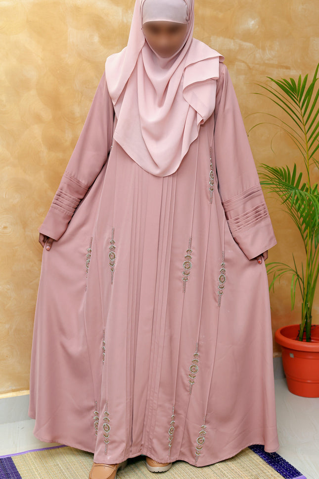 Blush Pink Pleated Abaya With Gold Embroidery - Elegant & Modest