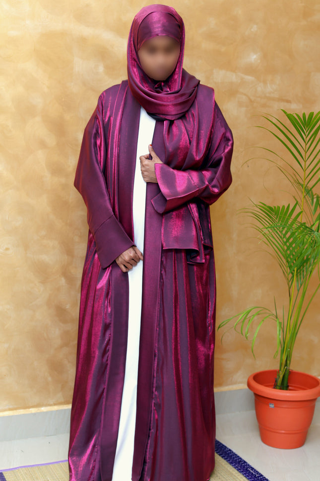Shine with Grace – Premium MAROON Shimmer Jacket Abaya in Korean Nida & Modal Cotton