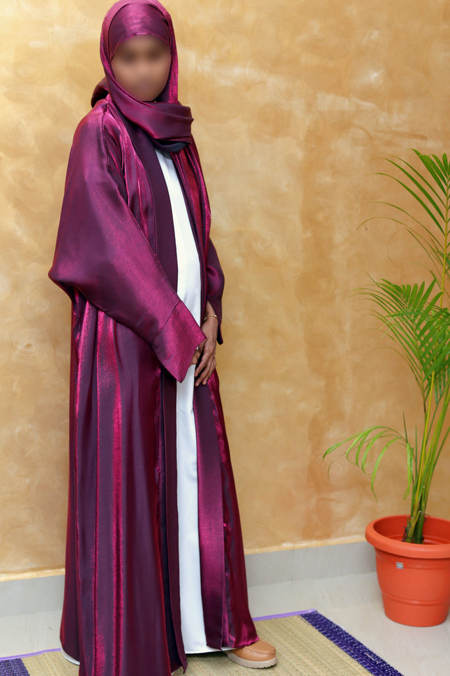 Shine with Grace – Premium MAROON Shimmer Jacket Abaya in Korean Nida & Modal Cotton