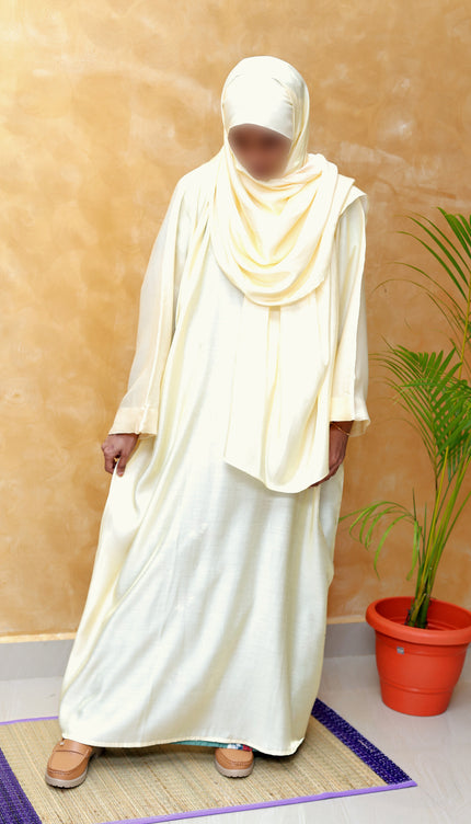 Off-White Shimmer Abaya with Instant Hijab – Premium Imported Fabric for Modest Elegance