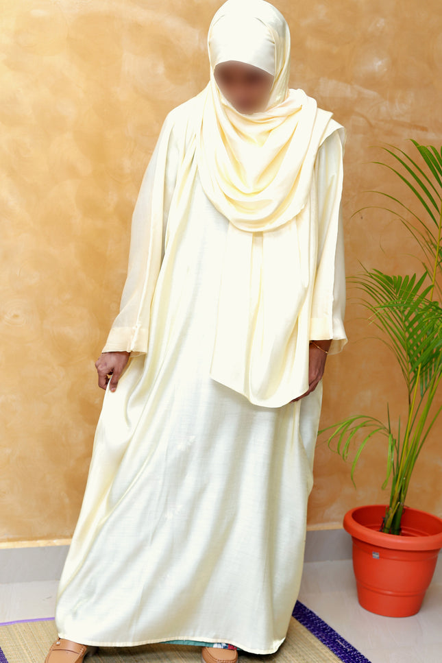 Off-White Shimmer Abaya with Instant Hijab – Premium Imported Fabric for Modest Elegance