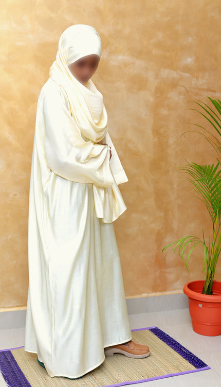 Off-White Shimmer Abaya with Instant Hijab – Premium Imported Fabric for Modest Elegance