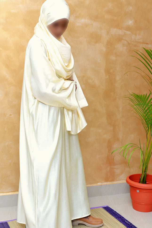 Off-White Shimmer Abaya with Instant Hijab – Premium Imported Fabric for Modest Elegance