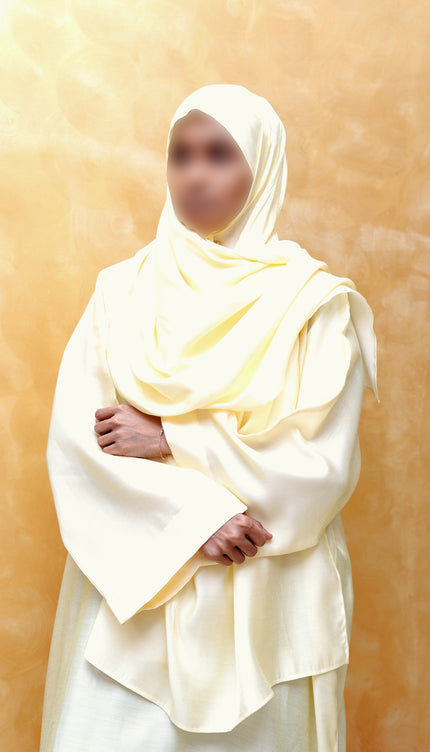 Off-White Shimmer Abaya with Instant Hijab – Premium Imported Fabric for Modest Elegance