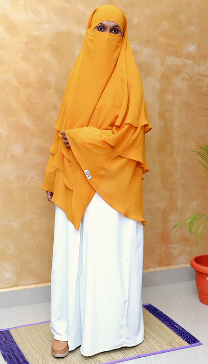 Mustard Yellow Triple‑Layer Wool‑Soft Chiffon Khimar