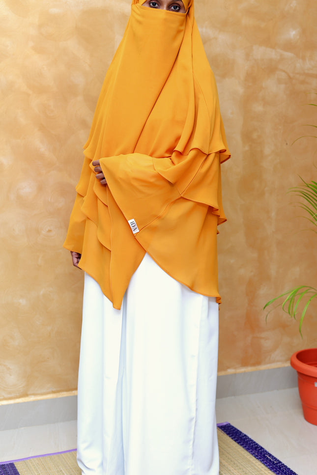 Mustard Yellow Triple‑Layer Wool‑Soft Chiffon Khimar