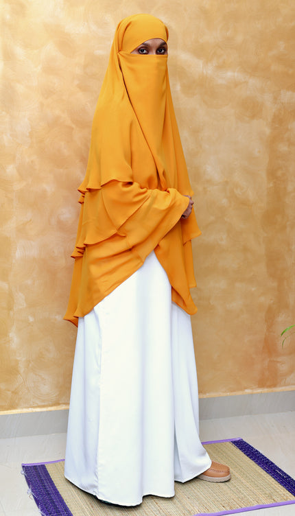 Mustard Yellow Triple‑Layer Wool‑Soft Chiffon Khimar