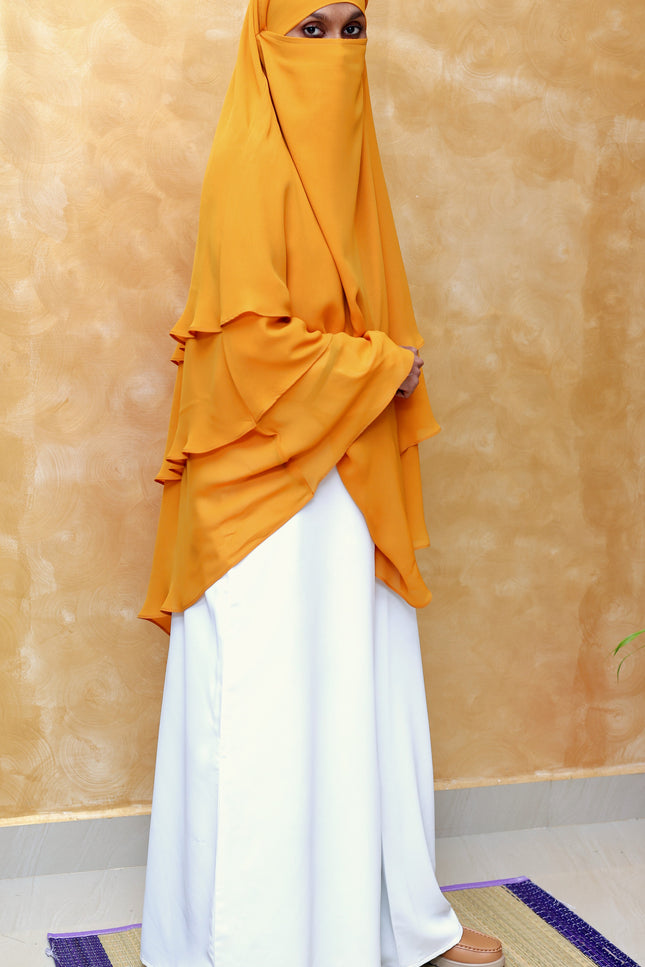 Mustard Yellow Triple‑Layer Wool‑Soft Chiffon Khimar