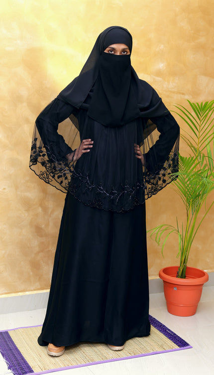Net Cape Abaya with Full Hand Embellishment | Luxe Designer