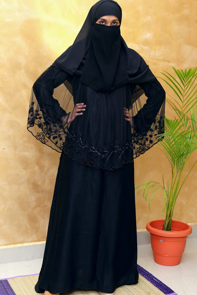 Net Cape Abaya with Full Hand Embellishment | Luxe Designer