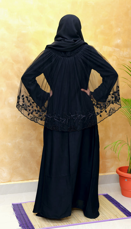 Net Cape Abaya with Full Hand Embellishment | Luxe Designer