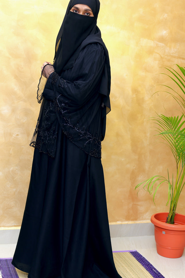 Net Cape Abaya with Full Hand Embellishment | Luxe Designer