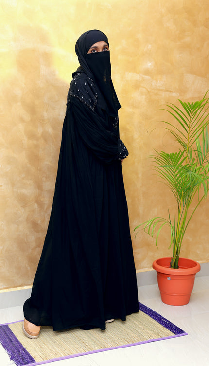 Black Chiffon & Net Abaya with Front & Back Handwork | Designer Statement