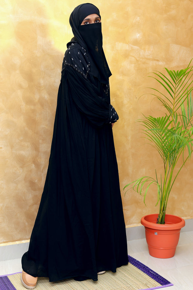 Black Chiffon & Net Abaya with Front & Back Handwork | Designer Statement