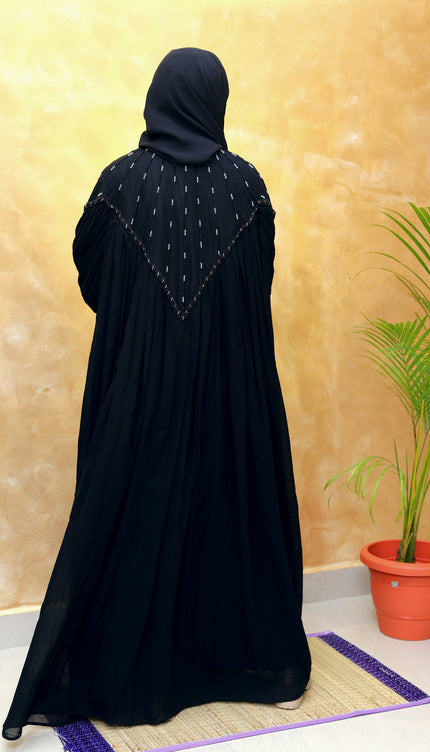 Black Chiffon & Net Abaya with Front & Back Handwork | Designer Statement