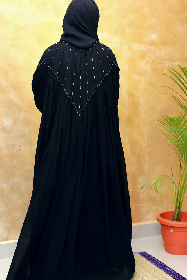 Black Chiffon & Net Abaya with Front & Back Handwork | Designer Statement