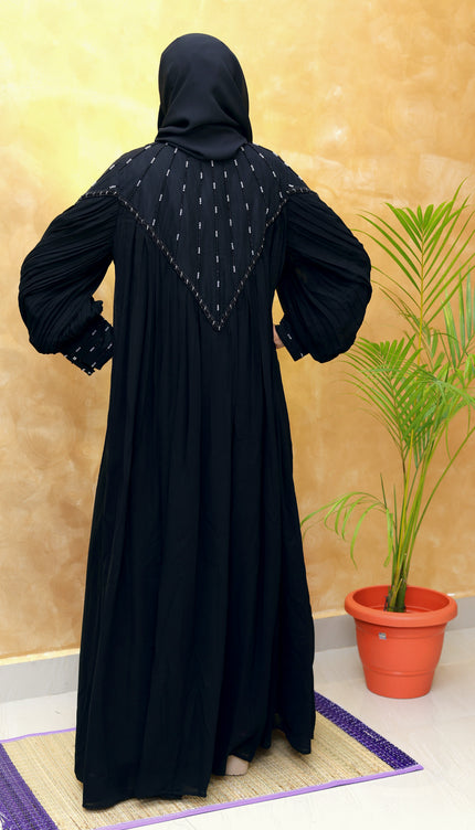 Black Chiffon & Net Abaya with Front & Back Handwork | Designer Statement