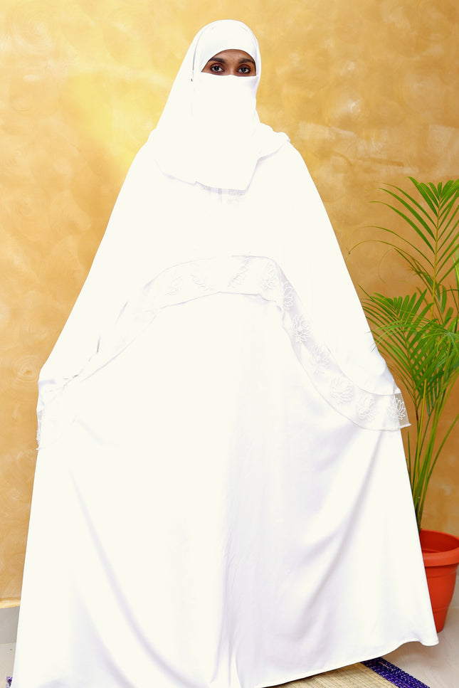 White Royal Embroidered Cape Princess Abaya | Luxe Bridal & Eid Wear