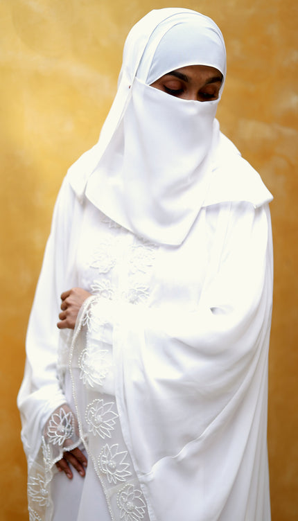 White Royal Embroidered Cape Princess Abaya | Luxe Bridal & Eid Wear