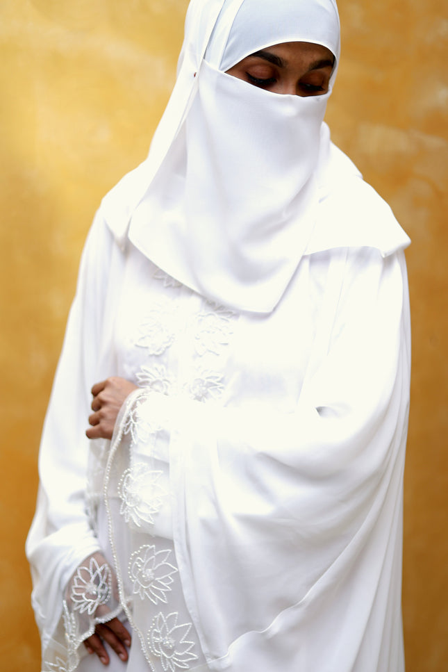White Royal Embroidered Cape Princess Abaya | Luxe Bridal & Eid Wear
