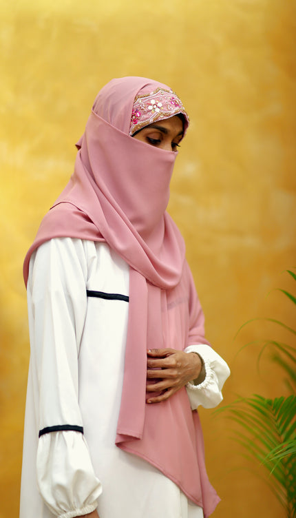 Handwork Designer Hijab powder pink - Wool Peach imported korean chiffon DHS0014