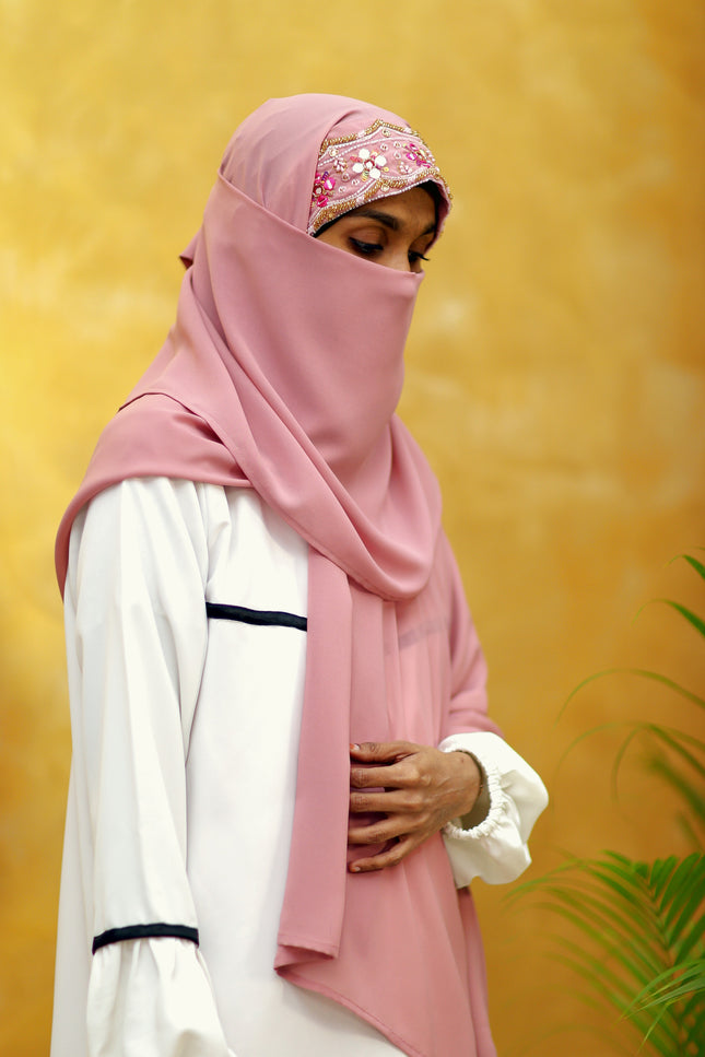 Handwork Designer Hijab powder pink - Wool Peach imported korean chiffon DHS0014