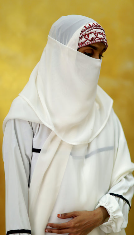 Handwork Designer Hijab White - Wool Peach imported korean chiffon