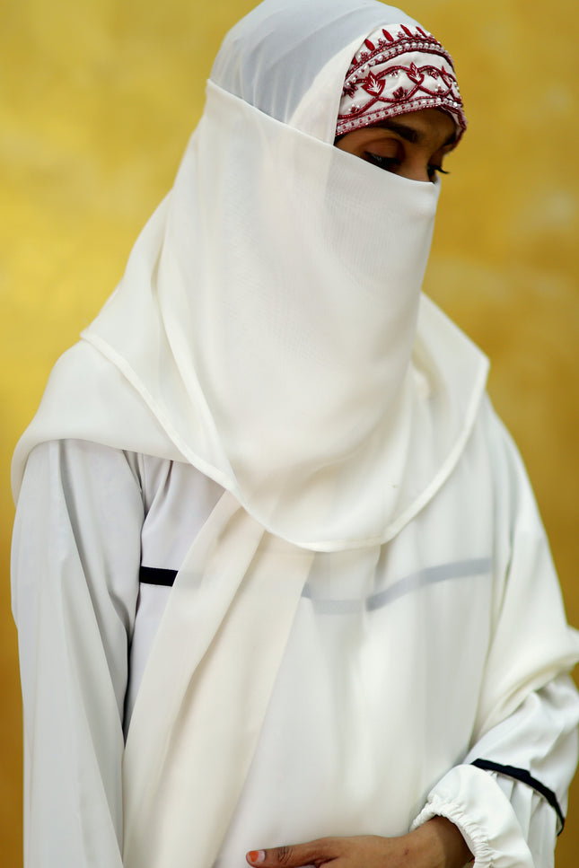 Handwork Designer Hijab White - Wool Peach imported korean chiffon