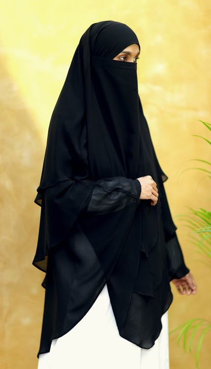 Black Triple‑Layer Wool‑Soft Korean Chiffon Khimar