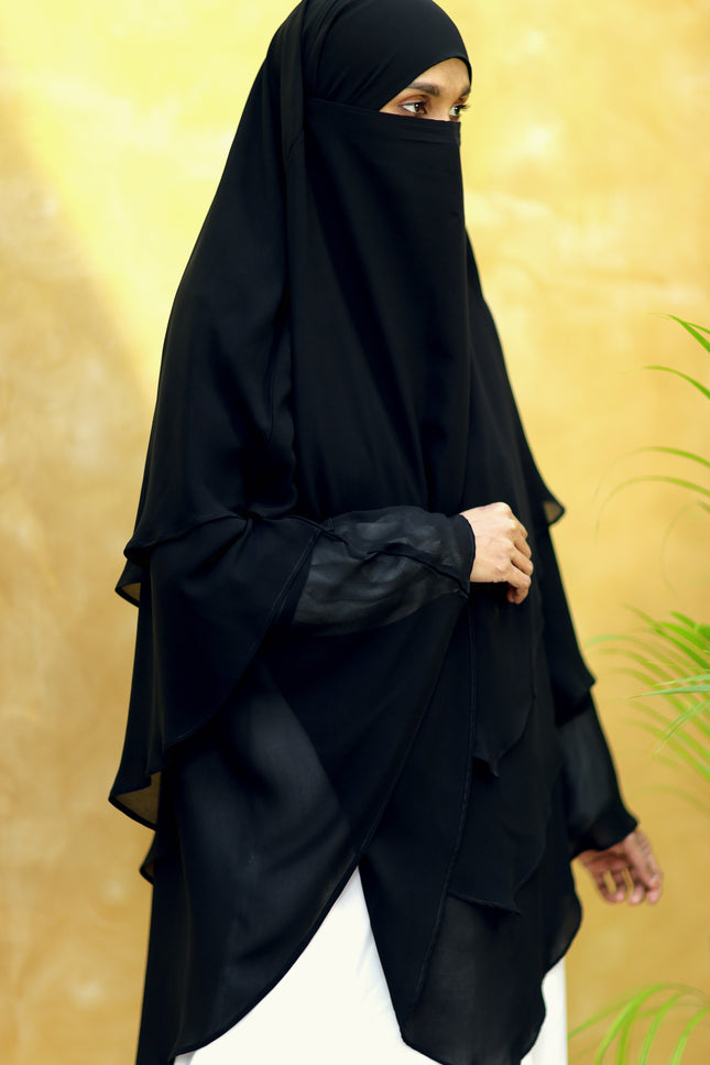 Black Triple‑Layer Wool‑Soft Korean Chiffon Khimar