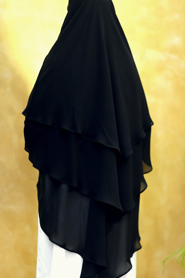 Black Triple‑Layer Wool‑Soft Korean Chiffon Khimar