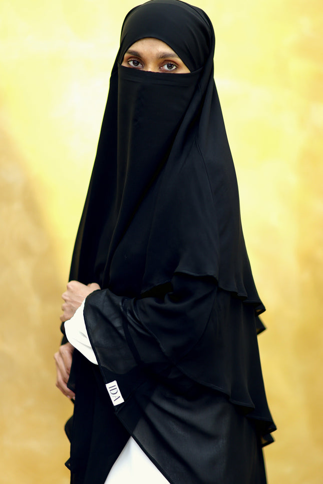 Black Triple‑Layer Wool‑Soft Korean Chiffon Khimar