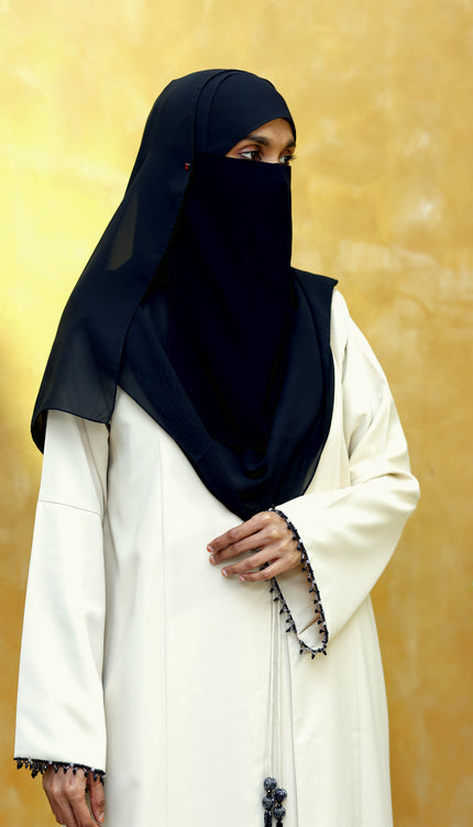 Cream Front-Open Abaya with Beaded Sleeves & Tassel