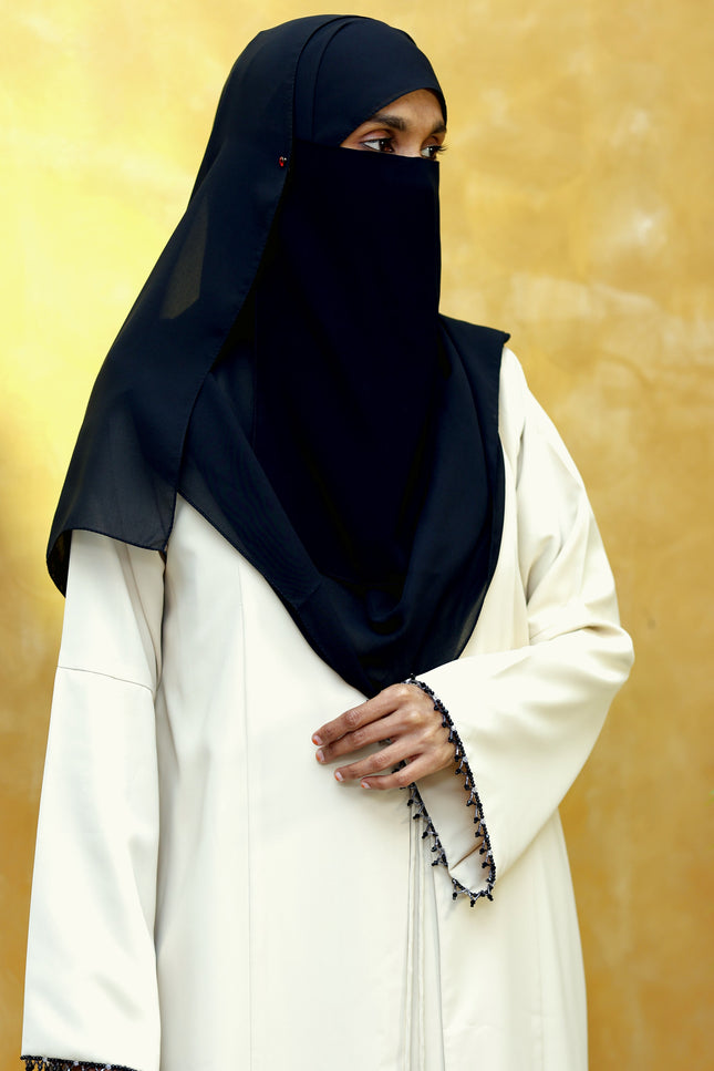Cream Front-Open Abaya with Beaded Sleeves & Tassel