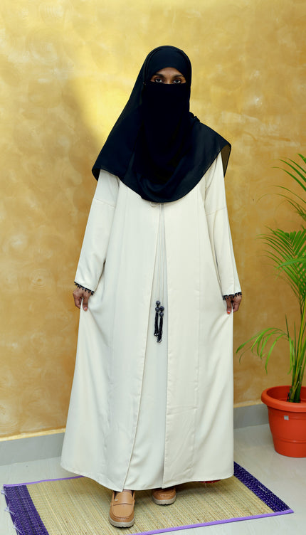 Cream Front-Open Abaya with Beaded Sleeves & Tassel