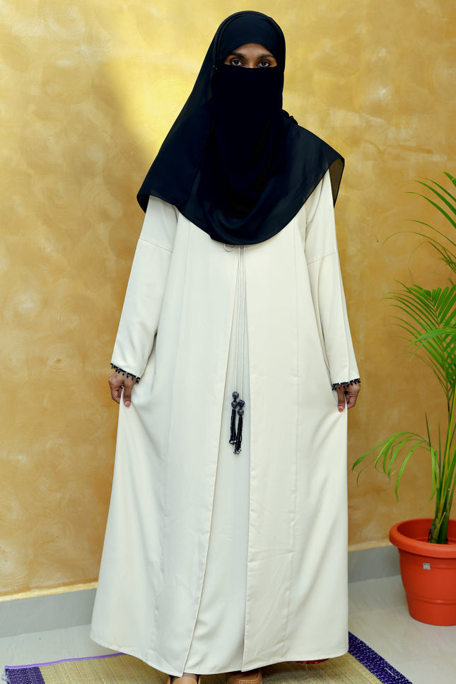 Cream Front-Open Abaya with Beaded Sleeves & Tassel