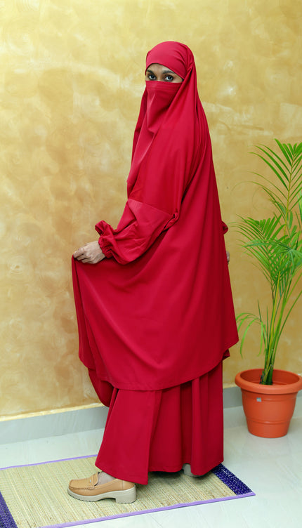 Sacred Crimson – Red Hajj & Umrah 3-Piece Abaya Set | Overhead Khimar with Sleeves, Pocketed Skirt & Niqab | Imported Korean Nida Fabric